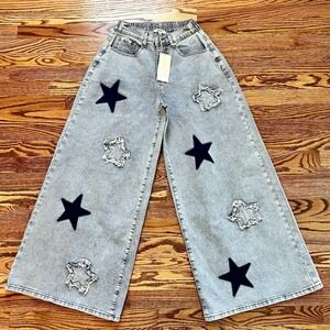 Blue Velvet Jeans Wide Leg Frayed Star Patchwork Detail High Waist Sz S NWT